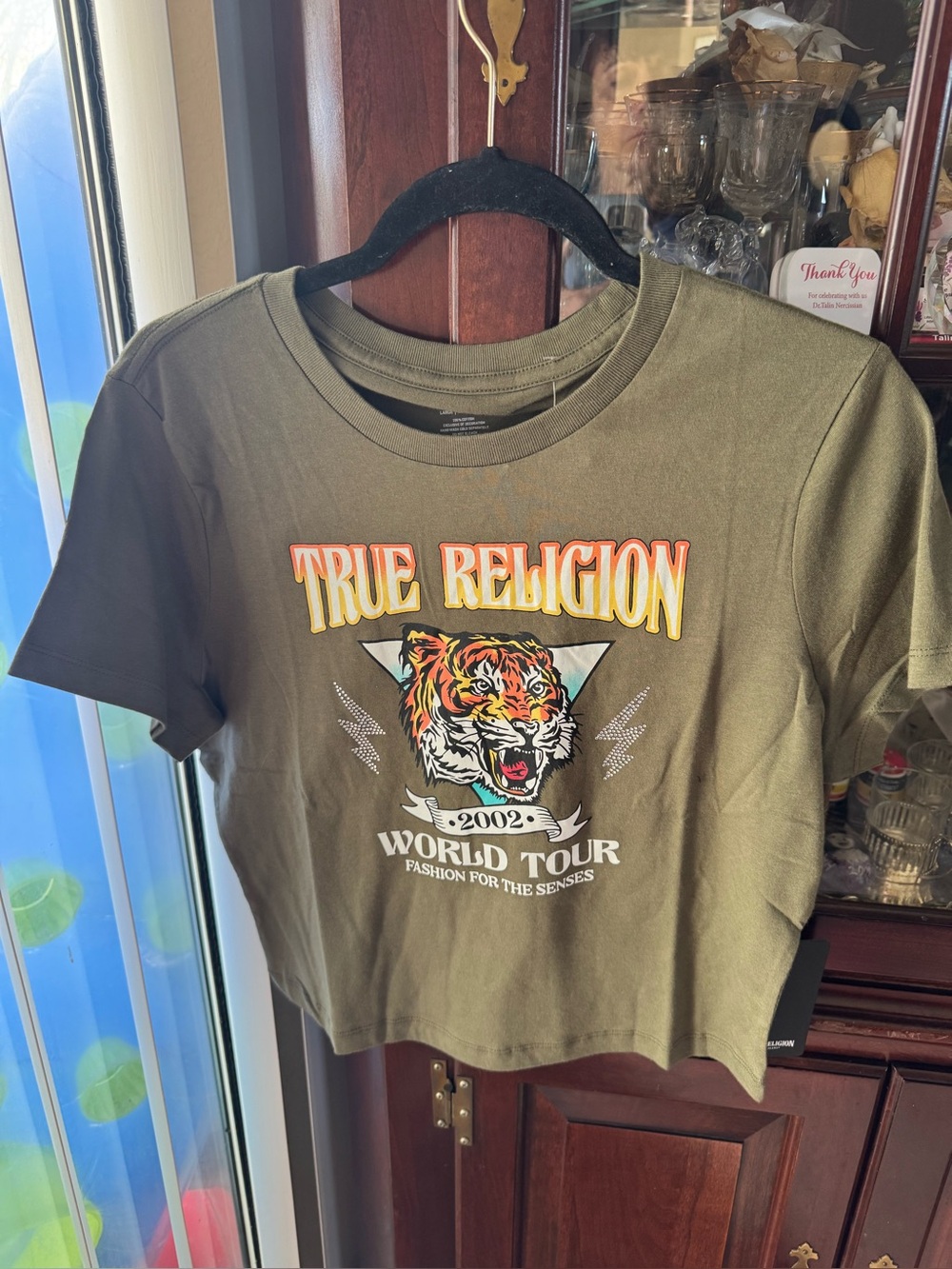 True Religion Olive Graphic Tiger Crop Tee
